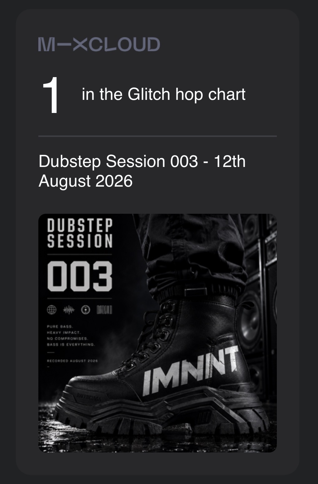 Mixcloud chart screenshot showing Dubstep Session 003 at number 1 in the Glitch Hop chart
