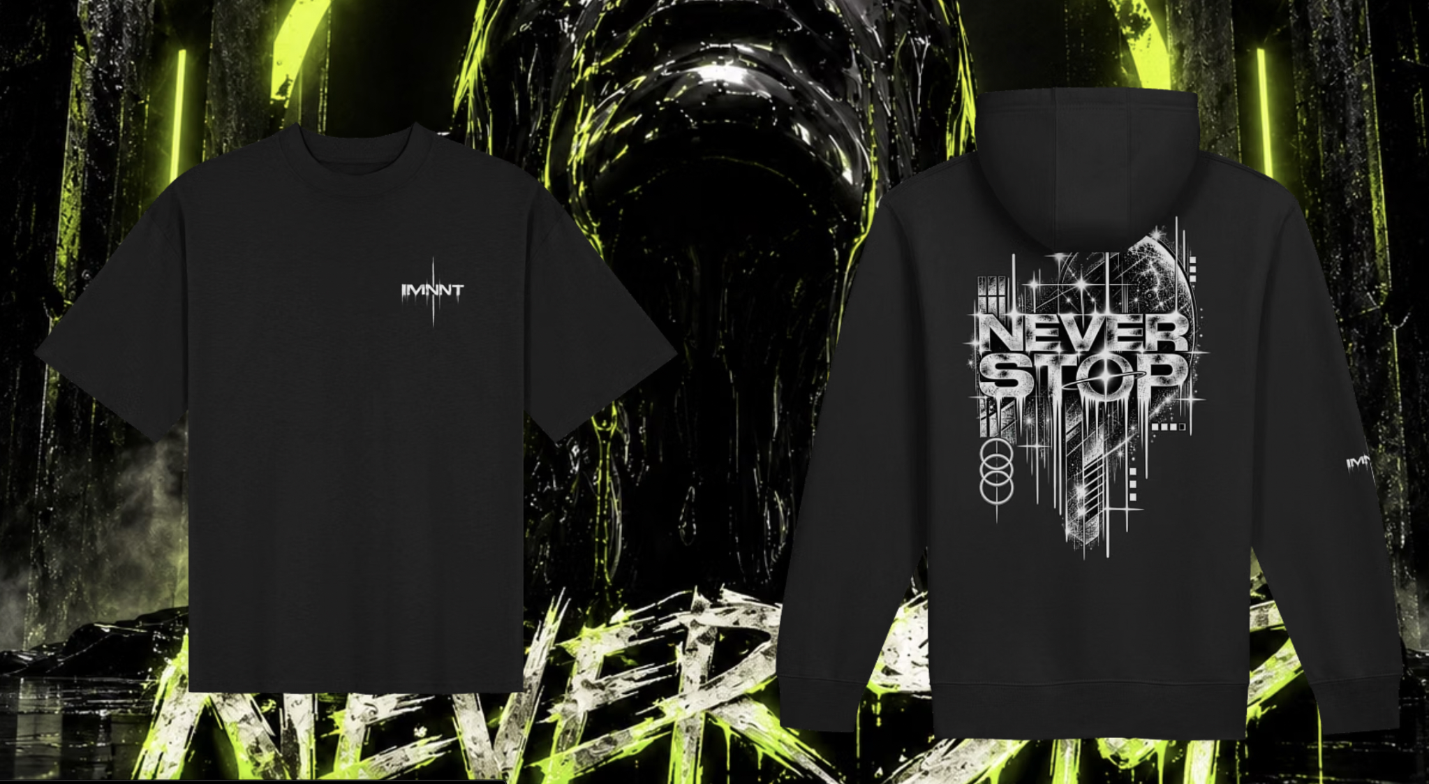 IMNNT Never Stop black tee and hoodie